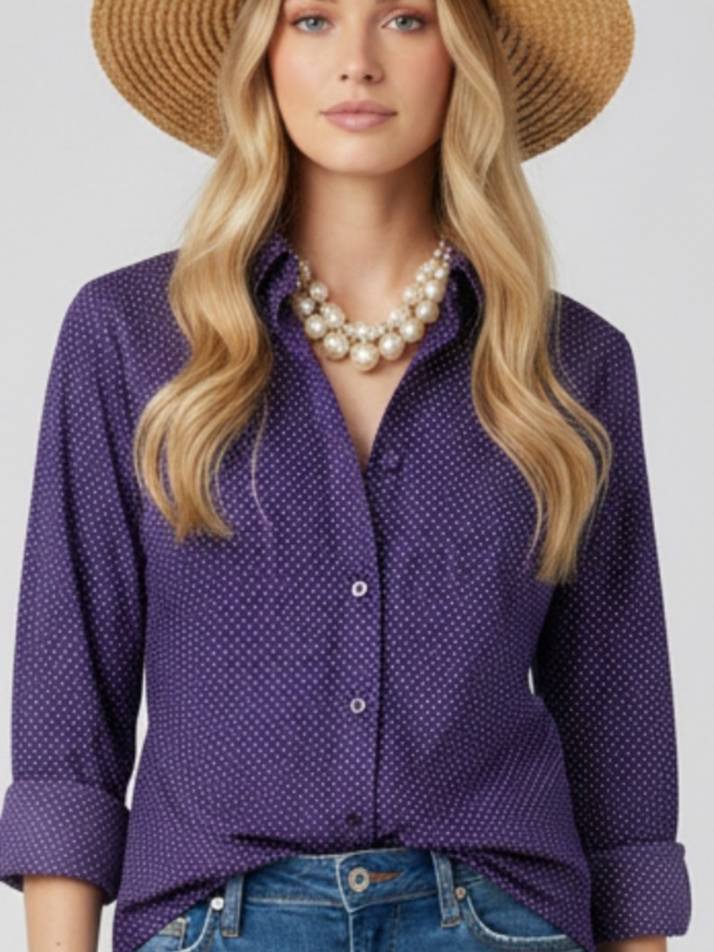 Chico's Purple and White Polka Dot Button-Up Shirt